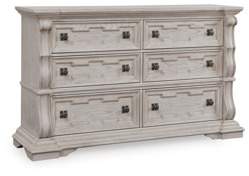 Bruchandi King Upholstered Panel Bed with Dresser in Antique White - PKG023745