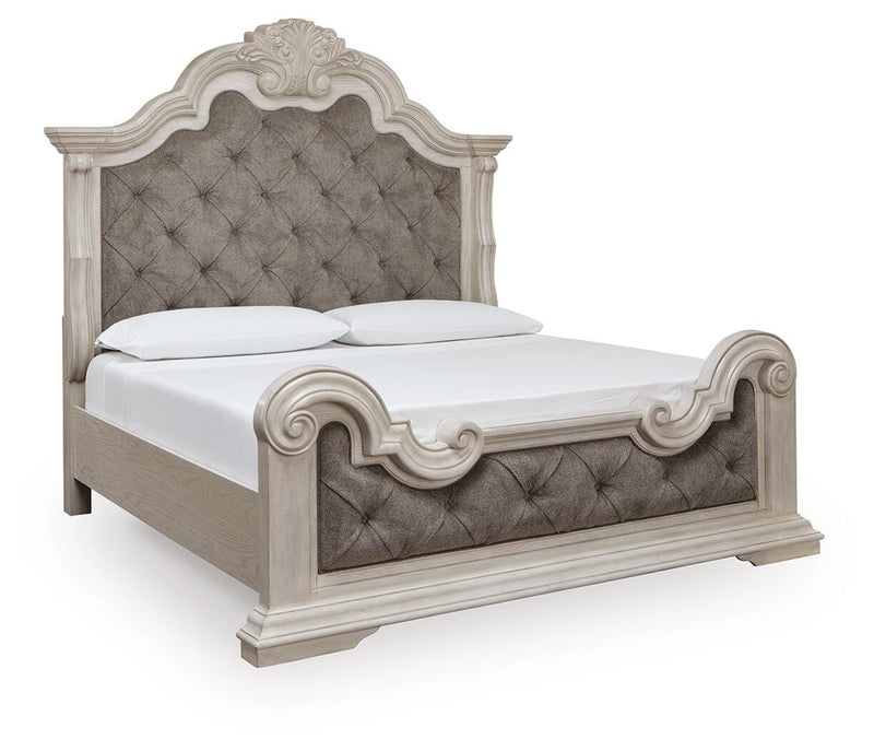 Bruchandi King Upholstered Panel Bed with Dresser in Antique White - PKG023745
