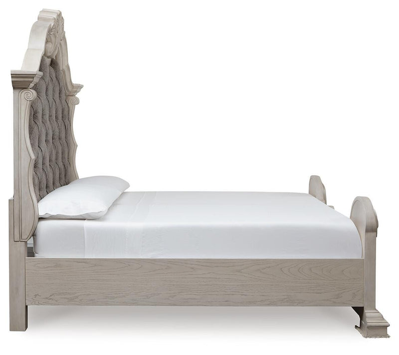 Bruchandi King Upholstered Panel Bed with Dresser in Antique White - PKG023745