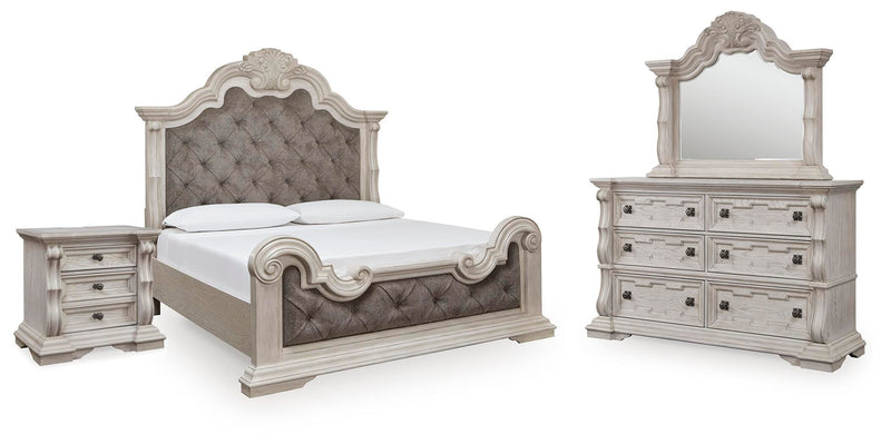 Bruchandi King Upholstered Panel Bed with Mirrored Dresser and Nightstand in Antique White - PKG023747