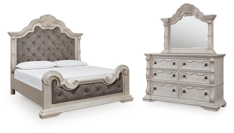 Bruchandi King Upholstered Panel Bed with Mirrored Dresser in Antique White - PKG023746