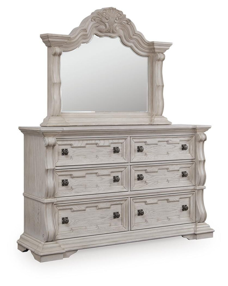 Bruchandi King Upholstered Panel Bed with Mirrored Dresser in Antique White - PKG023746