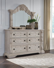 Bruchandi King Upholstered Panel Bed with Mirrored Dresser in Antique White - PKG023746