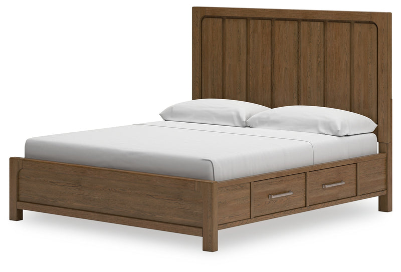 Cabalynn California King Panel Bed with Storage with Mirrored Dresser, Chest and Nightstand in Light Brown - PKG015751