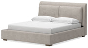 Cabalynn California King Upholstered Bed with Mirrored Dresser, Chest and Nightstand in Light Brown - PKG015739