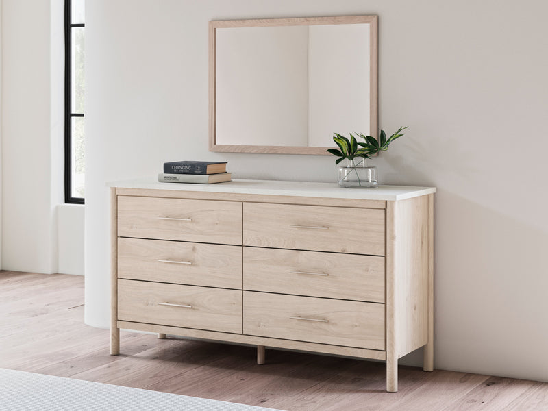 Cadmori Queen Upholstered Panel Bed with Mirrored Dresser in Two-tone - PKG018757