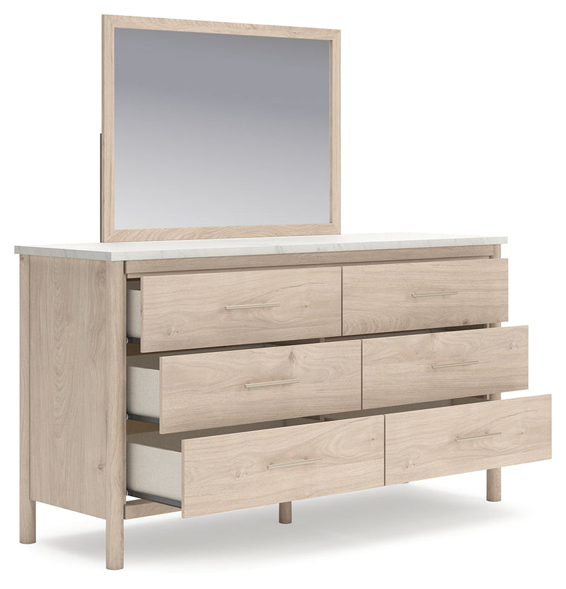 Cadmori Queen Upholstered Panel Bed with Mirrored Dresser in Two-tone - PKG018757