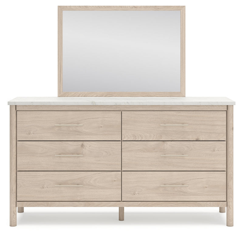 Cadmori Queen Upholstered Panel Bed with Mirrored Dresser in Two-tone - PKG018757