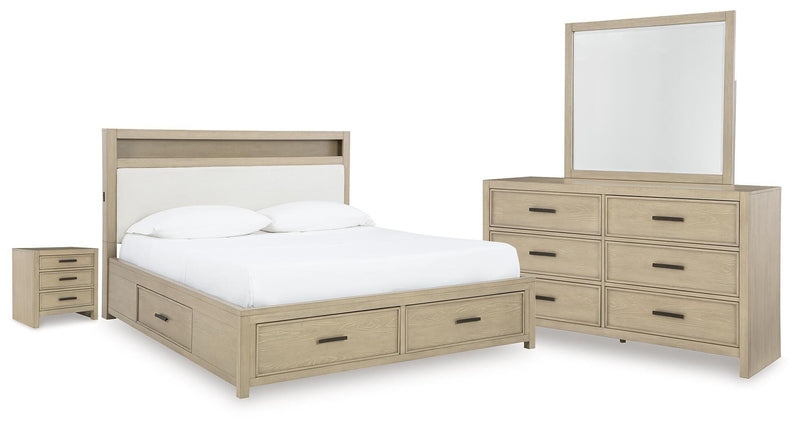Calmoro California King Bookcase Bed with Mirrored Dresser and Nightstand in Gray - PKG021398