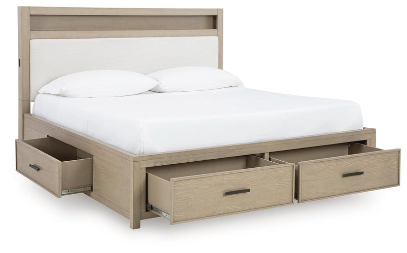 Calmoro California King Bookcase Bed with Mirrored Dresser, Chest and 2 Nightstands in Gray - PKG021397