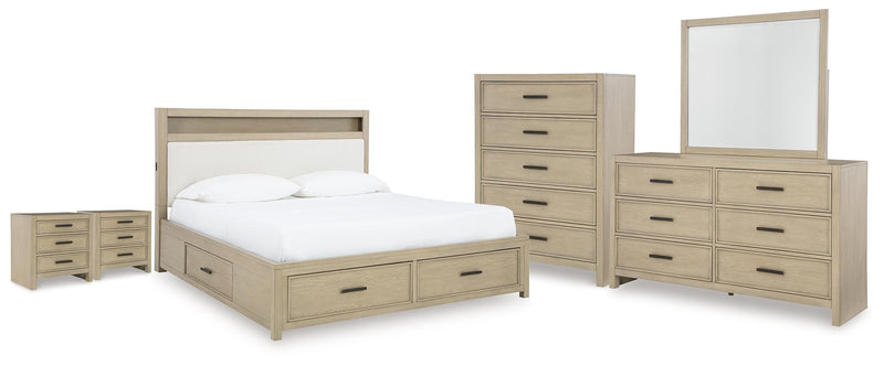 Calmoro California King Bookcase Bed with Mirrored Dresser, Chest and 2 Nightstands in Gray - PKG021397