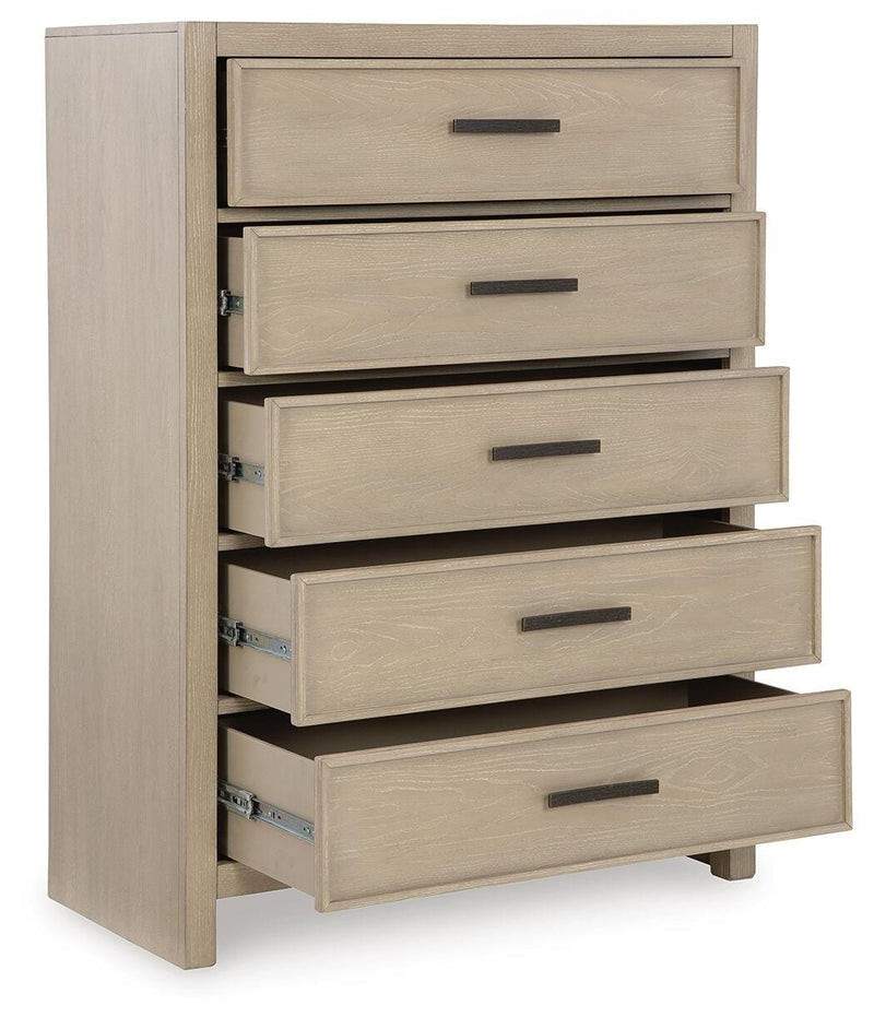 Calmoro California King Bookcase Bed with Mirrored Dresser, Chest and 2 Nightstands in Gray - PKG021397