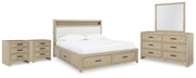 Calmoro King Bookcase Bed with Mirrored Dresser and 2 Nightstands in Gray - PKG021325