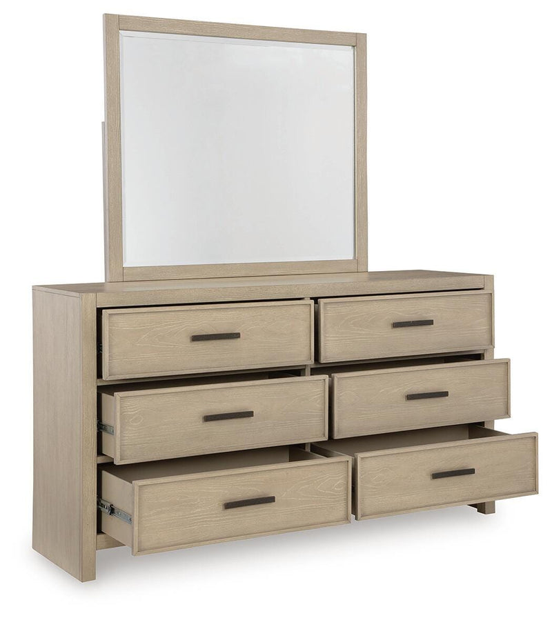Calmoro King Bookcase Bed with Mirrored Dresser and Nightstand in Gray - PKG021327