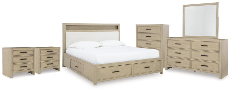 Calmoro Queen Bookcase Bed with Mirrored Dresser, Chest and 2 Nightstands in Gray - PKG021318