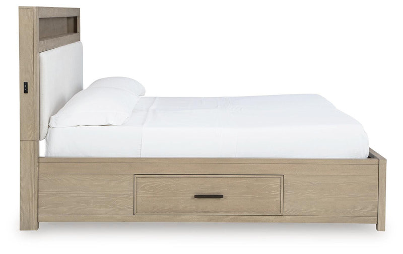 Calmoro Queen Bookcase Bed with Mirrored Dresser, Chest and 2 Nightstands in Gray - PKG021318