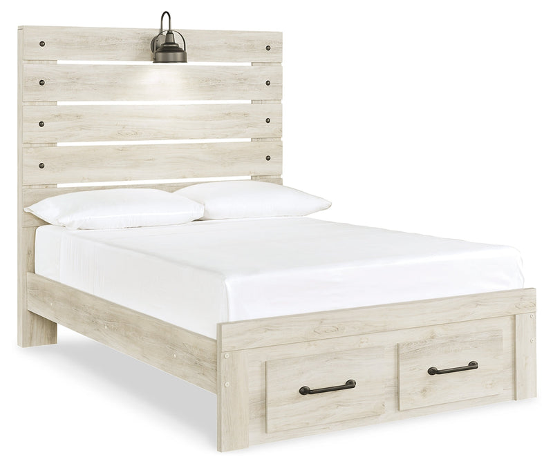 Cambeck Full Panel Bed with 2 Storage Drawers with Mirrored Dresser and 2 Nightstands in Whitewash - PKG003051