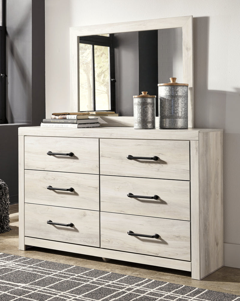 Cambeck Full Panel Bed with 2 Storage Drawers with Mirrored Dresser and Chest in Whitewash - PKG003052