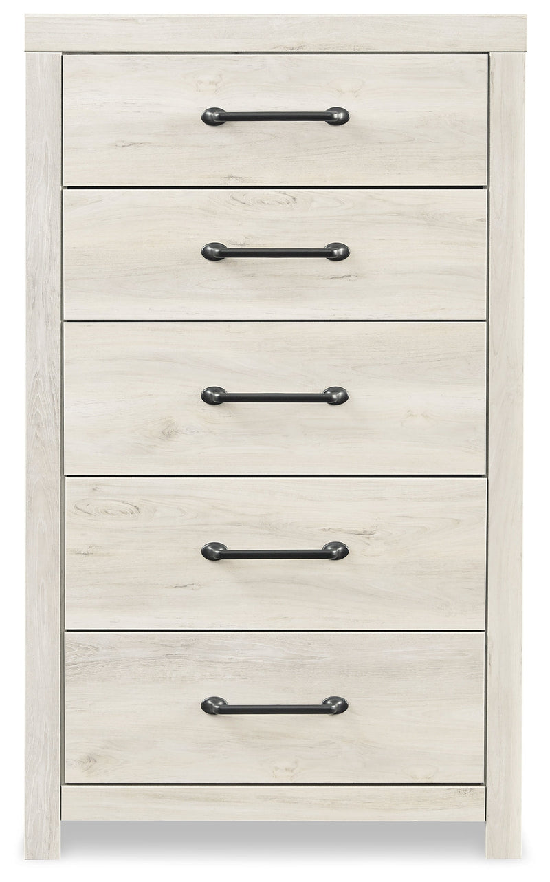 Cambeck Full Panel Bed with 2 Storage Drawers with Mirrored Dresser, Chest and 2 Nightstands in Whitewash - PKG002992