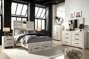 Cambeck Full Panel Bed with 2 Storage Drawers with Mirrored Dresser, Chest and Nightstand in Whitewash - PKG003053