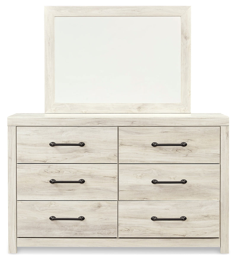 Cambeck Full Panel Bed with 2 Storage Drawers with Mirrored Dresser in Whitewash - PKG003050