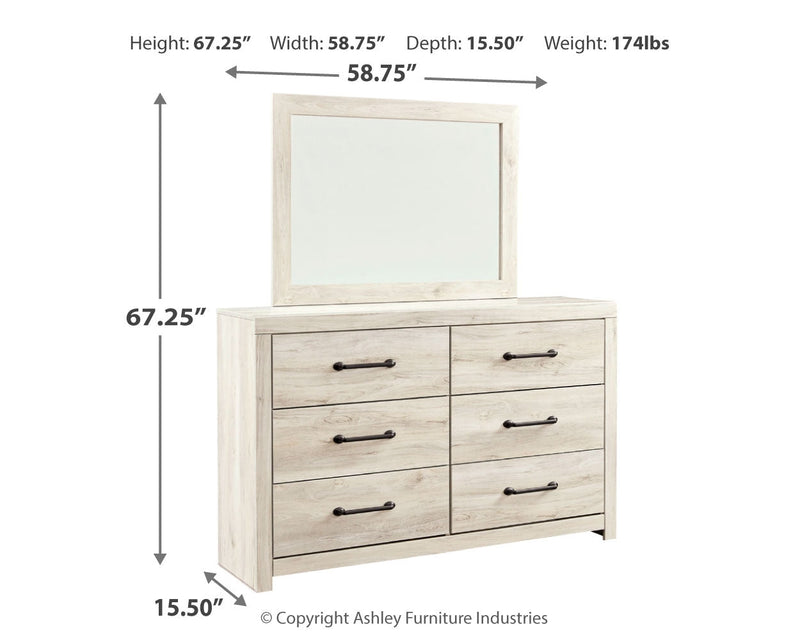 Cambeck King Panel Bed with 2 Storage Drawers with Mirrored Dresser and Chest in Whitewash - PKG007506
