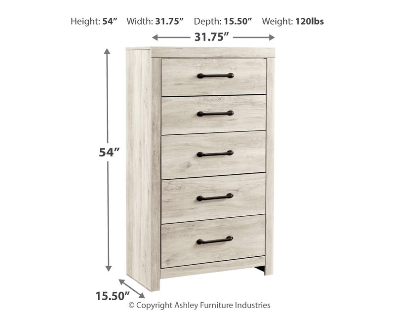 Cambeck King Panel Bed with 2 Storage Drawers with Mirrored Dresser and Chest in Whitewash - PKG007506