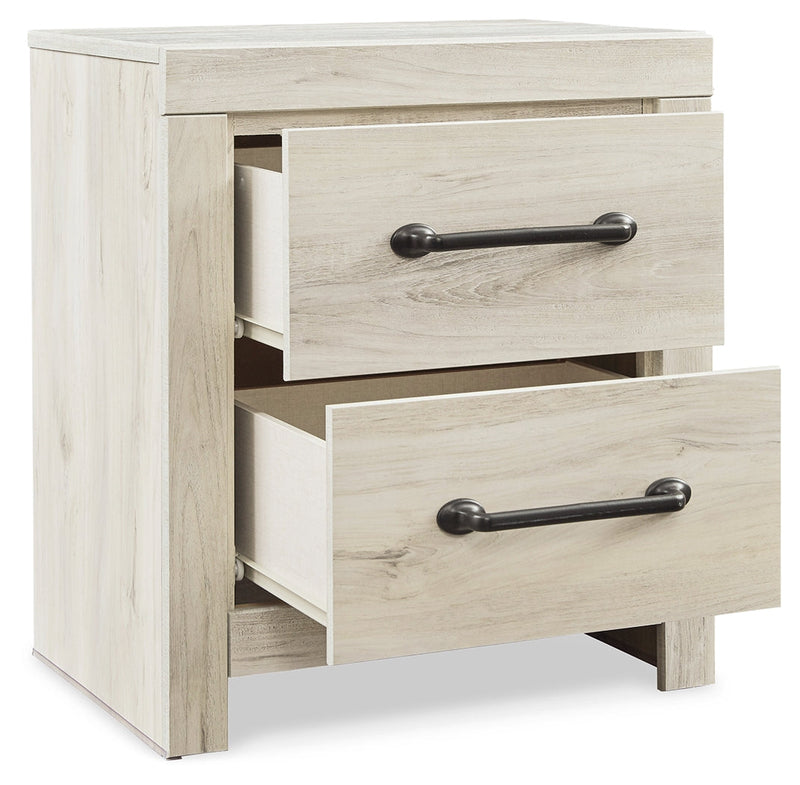 Cambeck King Panel Bed with 2 Storage Drawers with Mirrored Dresser and Nightstand in Whitewash - PKG014085