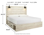 Cambeck King Panel Bed with 2 Storage Drawers with Mirrored Dresser and Nightstand in Whitewash - PKG014085