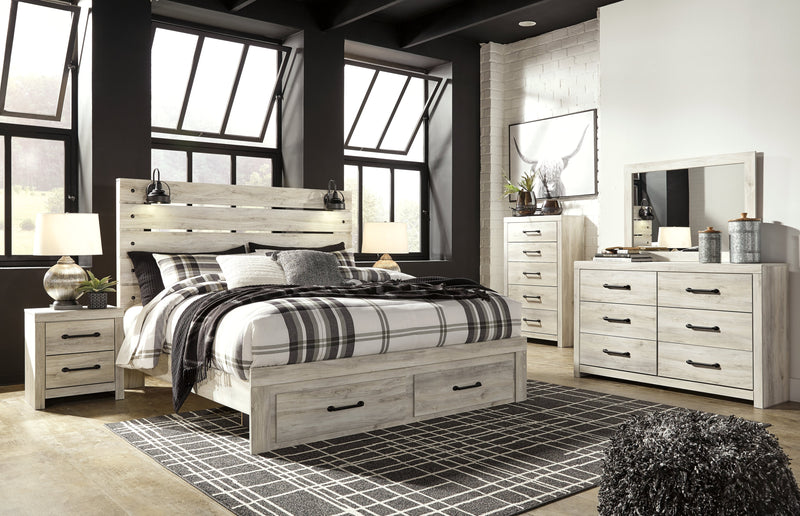 Cambeck King Panel Bed with 2 Storage Drawers with Mirrored Dresser, Chest and 2 Nightstands in Whitewash - PKG003048