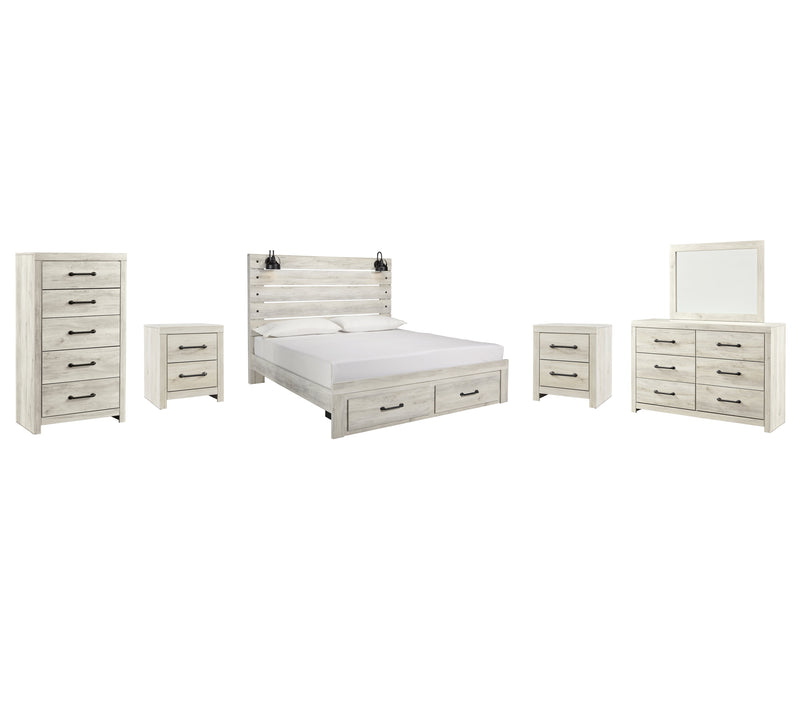 Cambeck King Panel Bed with 2 Storage Drawers with Mirrored Dresser, Chest and 2 Nightstands in Whitewash - PKG003048