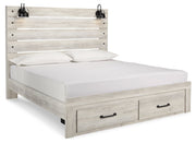 Cambeck King Panel Bed with 2 Storage Drawers with Mirrored Dresser, Chest and Nightstand in Whitewash - PKG003047