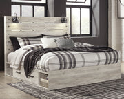 Cambeck King Panel Bed with 2 Storage Drawers with Mirrored Dresser in Whitewash - PKG003000