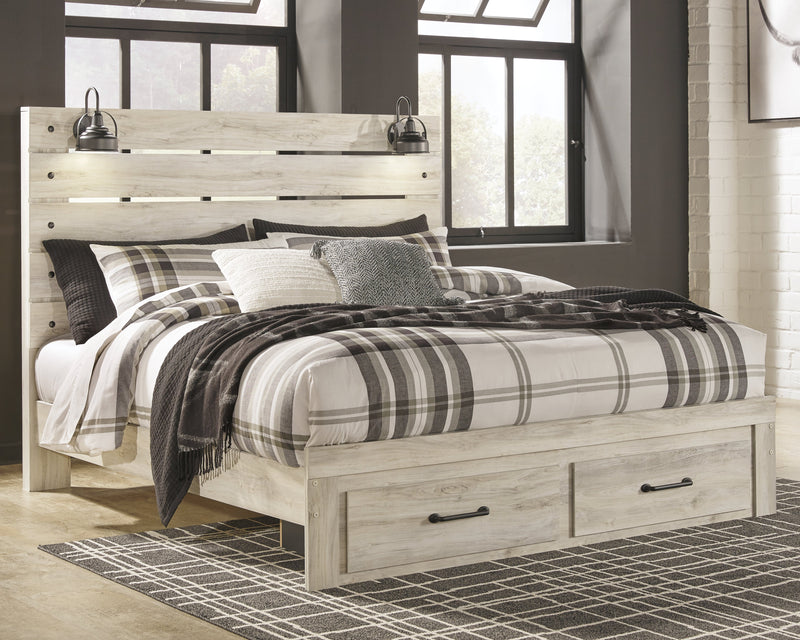 Cambeck King Panel Bed with 2 Storage Drawers with Mirrored Dresser in Whitewash - PKG003044