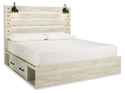 Cambeck King Panel Bed with 4 Storage Drawers with Mirrored Dresser and 2 Nightstands in Whitewash - PKG003027