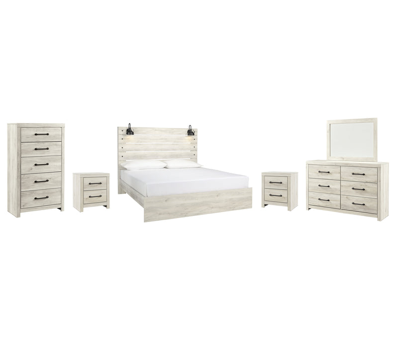 Cambeck King Panel Bed with Mirrored Dresser, Chest and 2 Nightstands in Whitewash - PKG003036