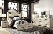 Cambeck Queen Panel Bed with 2 Storage Drawers with Mirrored Dresser, Chest and Nightstand in Whitewash - PKG003096
