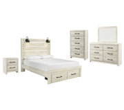 Cambeck Queen Panel Bed with 2 Storage Drawers with Mirrored Dresser, Chest and Nightstand in Whitewash - PKG003096