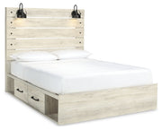 Cambeck Queen Panel Bed with 2 Storage Drawers with Mirrored Dresser in Whitewash - PKG002994