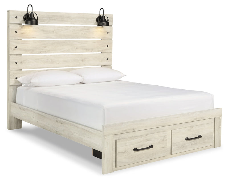 Cambeck Queen Panel Bed with 2 Storage Drawers with Mirrored Dresser in Whitewash - PKG003093