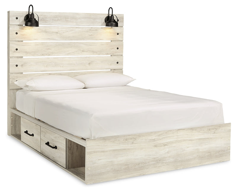 Cambeck Queen Panel Bed with 4 Storage Drawers with Mirrored Dresser, Chest and 2 Nightstands in Whitewash - PKG003023