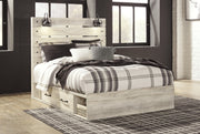 Cambeck Queen Panel Bed with 4 Storage Drawers with Mirrored Dresser in Whitewash - PKG003019