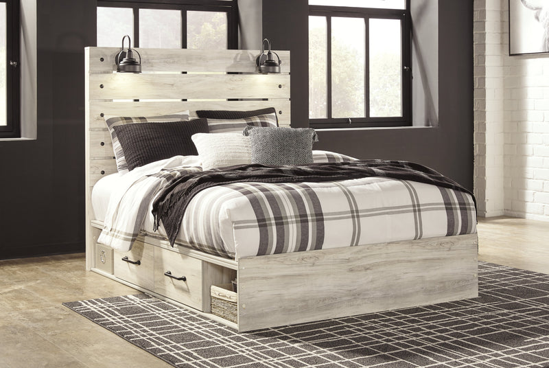 Cambeck Queen Panel Bed with 4 Storage Drawers with Mirrored Dresser in Whitewash - PKG003019