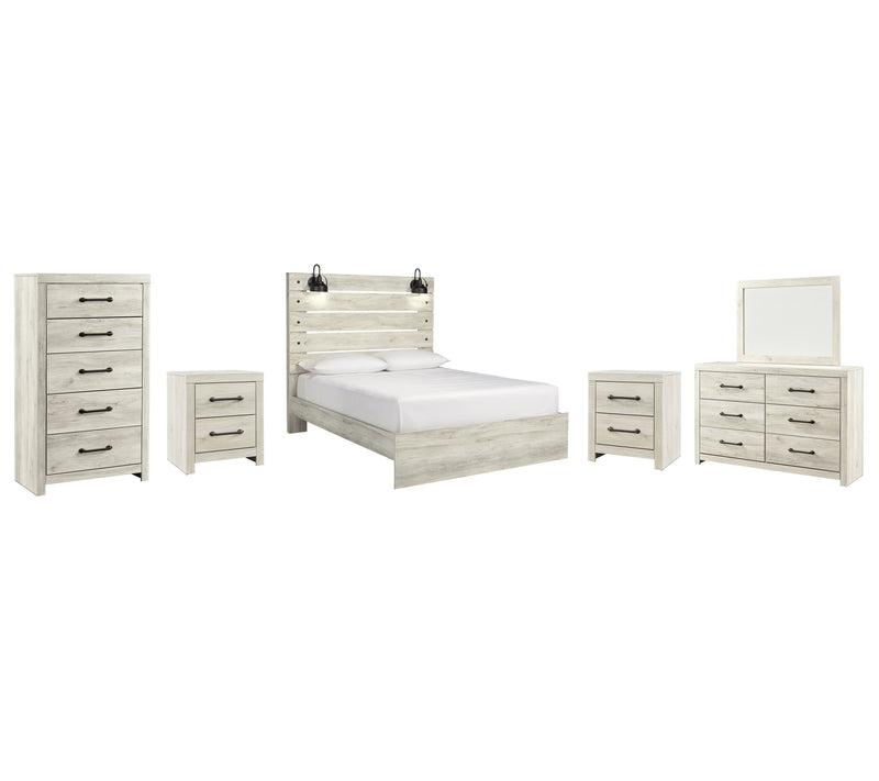 Cambeck Queen Panel Bed with Mirrored Dresser, Chest and 2 Nightstands in Whitewash - PKG003085