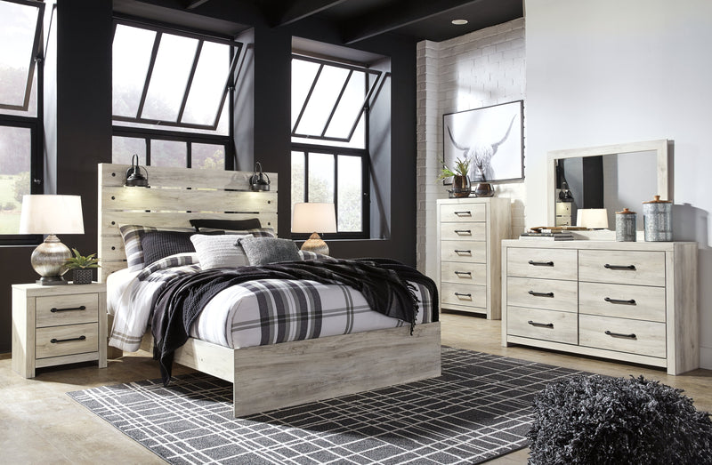 Cambeck Queen Panel Bed with Mirrored Dresser, Chest and Nightstand in Whitewash - PKG003084