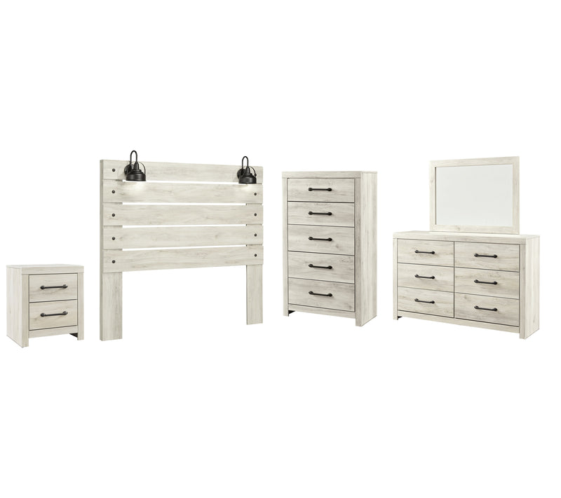 Cambeck Queen Panel Headboard Bed with Mirrored Dresser, Chest and Nightstand in Whitewash - PKG002963