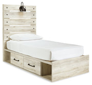 Cambeck Twin Panel Bed with 2 Storage Drawers with Mirrored Dresser and 2 Nightstands in Whitewash - PKG002978