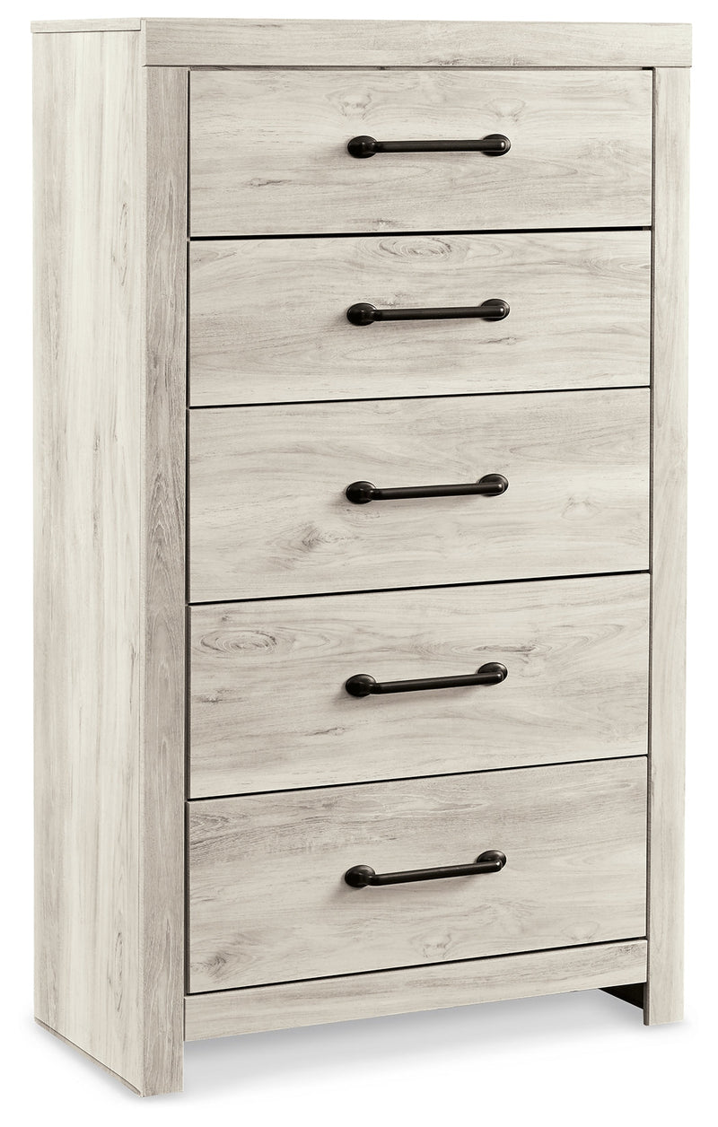 Cambeck Twin Panel Bed with 2 Storage Drawers with Mirrored Dresser and Chest in Whitewash - PKG002980
