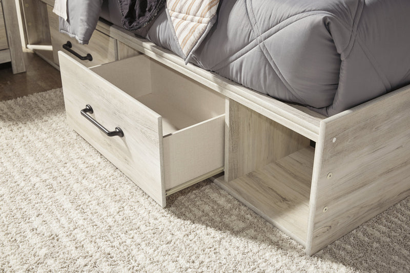 Cambeck Twin Panel Bed with 2 Storage Drawers with Mirrored Dresser and Chest in Whitewash - PKG002980