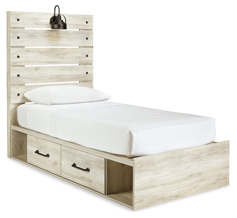 Cambeck Twin Panel Bed with 2 Storage Drawers with Mirrored Dresser, Chest and Nightstand in Whitewash - PKG002982